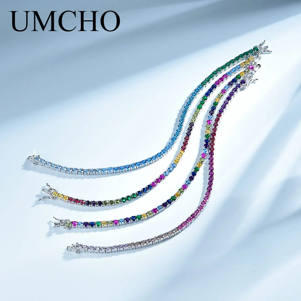 

UMCHO Rich Color Created Nano Rainbow Gemstone Bracelet For Women 925 Sterling Silver Jewelry Romantic Wedding Fine Jewelry