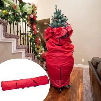 

Protective Waterproof Dustproof Portable Foldable Red Festival Decor Cylinder Shape Christmas Tree Storage Bag With Handles Home