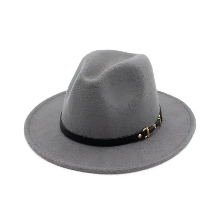 Фетровая шляпка шерстяная Шапки с поясом Для женщин Винтаж шляпы Трилби шерстяная шляпа теплая джаз шапка Femme feutre шляпа Панама H4 - Цвет: grey