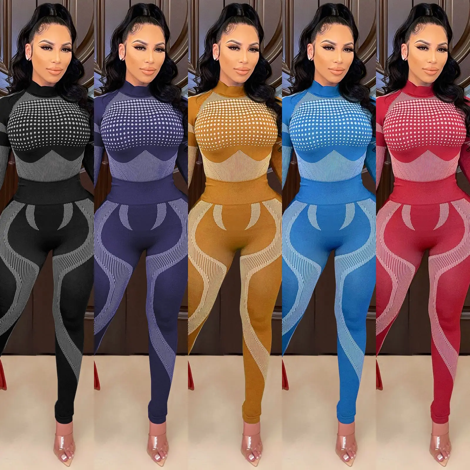 

2021 Autumn New Women Printed Two Piece Set Fashion Slim Crop Top+Bodycon Pants Sports Fitness Jogger Bulk Item In Wholesale
