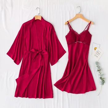 

2PCS Robe Set Sexy Lace Burgundy Sleepwear Negligee Spring Summer New Nightwear Home Clothing Women Casual Homewear Nightgown