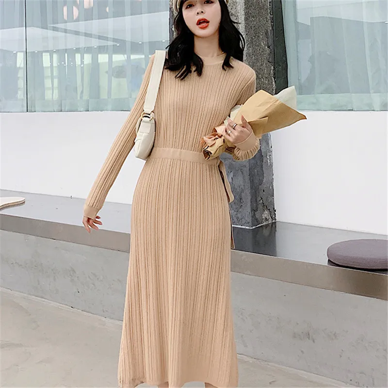 Korean Autumn Knitted Dress Women Sweater Dress Elegant Woman High Waist Bottom Sweaters Dresses Woman Stretch Sweaters Dresses