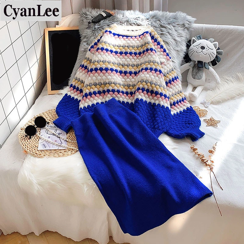 Женский вязаный костюм с юбкой Cyanlee утепленный свитер рукавами фонариками и