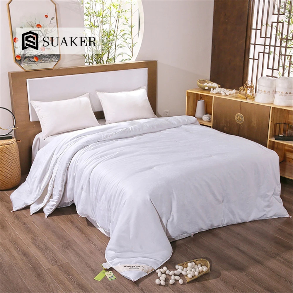 

Suaker Luxury White 100% Silk Comforter Filled Natural Long Grade Pure Silk Breathable Queen King Duvet Quilt For All Season