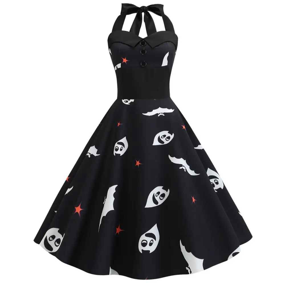 

Women's Vintage Patchwork little Bat Print sleeveless Dress Evening Party Halter Dress Halloween Swing Dress Robe Femme dress #D