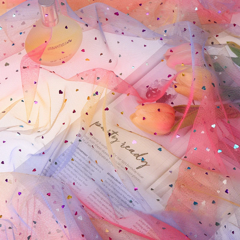 

YOMDID Sequined Rainbow Gradient Mesh Fabric Star Moon Heart Sequins Fabrics Material For DIY Dress Clothing Wedding Stage Decor