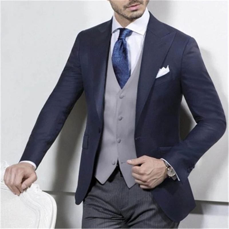 Abrigo marino con chaleco gris para hombre, trajes de boda de 3 piezas + Pantalones + chaleco + corbata), chaqueta ajustada de estilo italiano para novio|Trajes| -