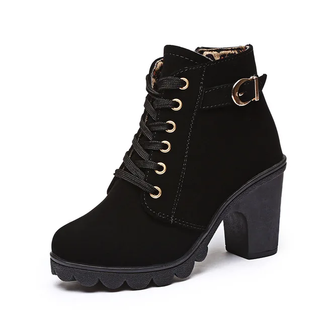 New Winter Women Platform High Heels Ankle Boots Women Boots Buckle Shoes Thick Heel Short Martin snow Boots Ladies mujer T090 - Цвет: Black