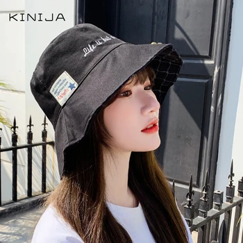 

Double embroidered fisherman's Hat letter uv-protection beach cap Check pattern Bucket Hat Autumn Harajuku Panama sun cap