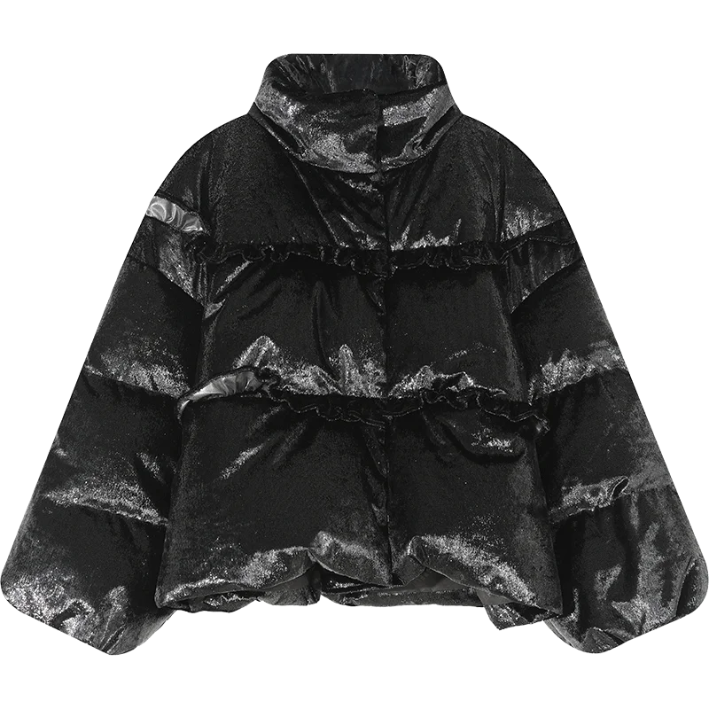 Черный ELFSACK, дизайн, 90% утиный пух, пальто, одноцветное, блестящее, атласное, женская верхняя одежда,, Зимняя мода, неделя, теплая, с оборками сзади, одежда - Цвет: Черный