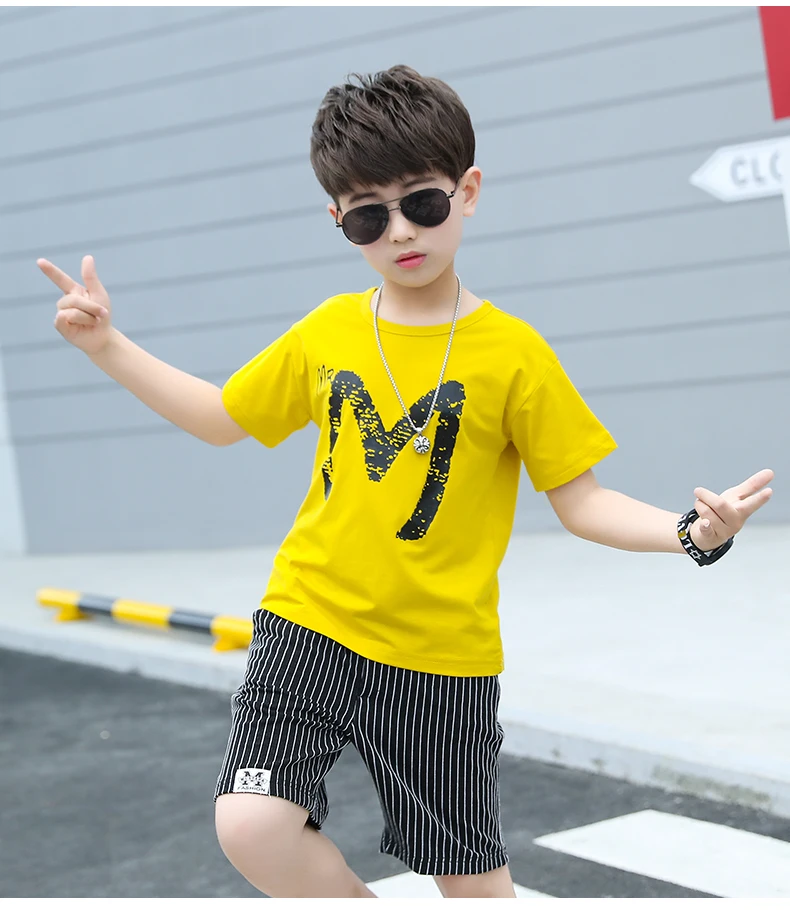 S064-y Wholesale Little Small Boy Clothes Children Kids Two-Piece Suit Yellow T Shirt Jeans Cheap Little Boys Short Sets - Цвет: S064-y