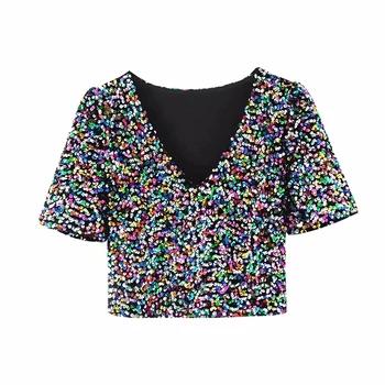 

Sequined women vintage short tops 2020 summer ladies fashion V-neck blouses party female sexy sequined tops femme girls chic