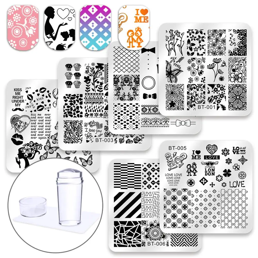 

Biutee 6 Pcs Square Nail Stamping Plates Set Lace Flower Animal Pattern Nail Art Stamp Template Image Plate Stencils Tool Kits