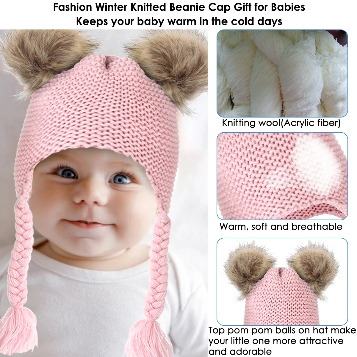 Детская шапка с помпонами из натурального меха, детские зимние вязаные шапки для девочек и мальчиков, вязаная шапка с двумя помпонами из натурального меха для детей