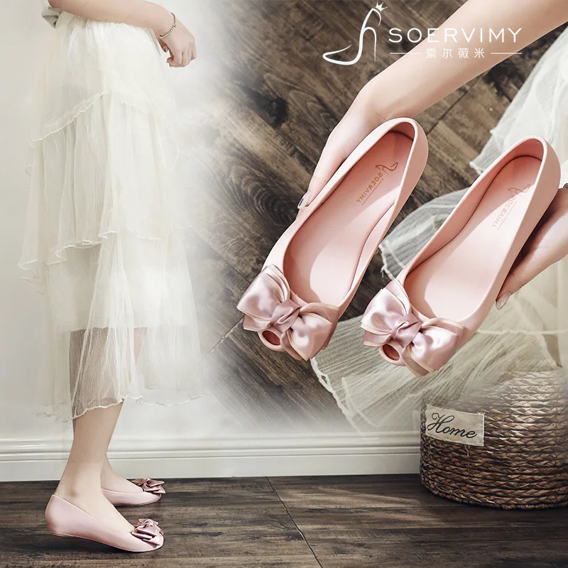 

2019 New Style Sandals Women's Flat Low-Cut Versatile Ribbon Bow Shoes Korean-style Fish Mouth Jelly Shoe Factory Goods