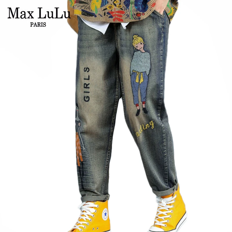 Max LuLu осенние корейские Модные осенние женские панк уличные женские рваные джинсы с вышивкой винтажные женские шаровары с принтом