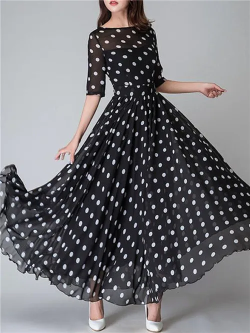 Black dress Длинное женское платье в горошек, шифоновое модное женское платье, летнее элегантное платье макси в горошек для женщин - Цвет: Black dress