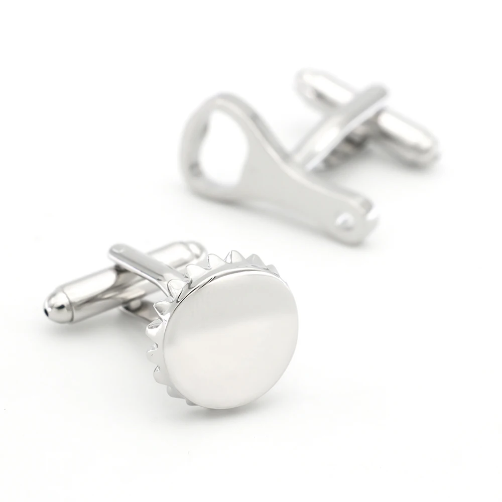 남성용 오프너 및 캡 커프스 링크, 고품질 황동 소재, 실버 색상 맥주 디자인 커프 링크, 도매 및 소매