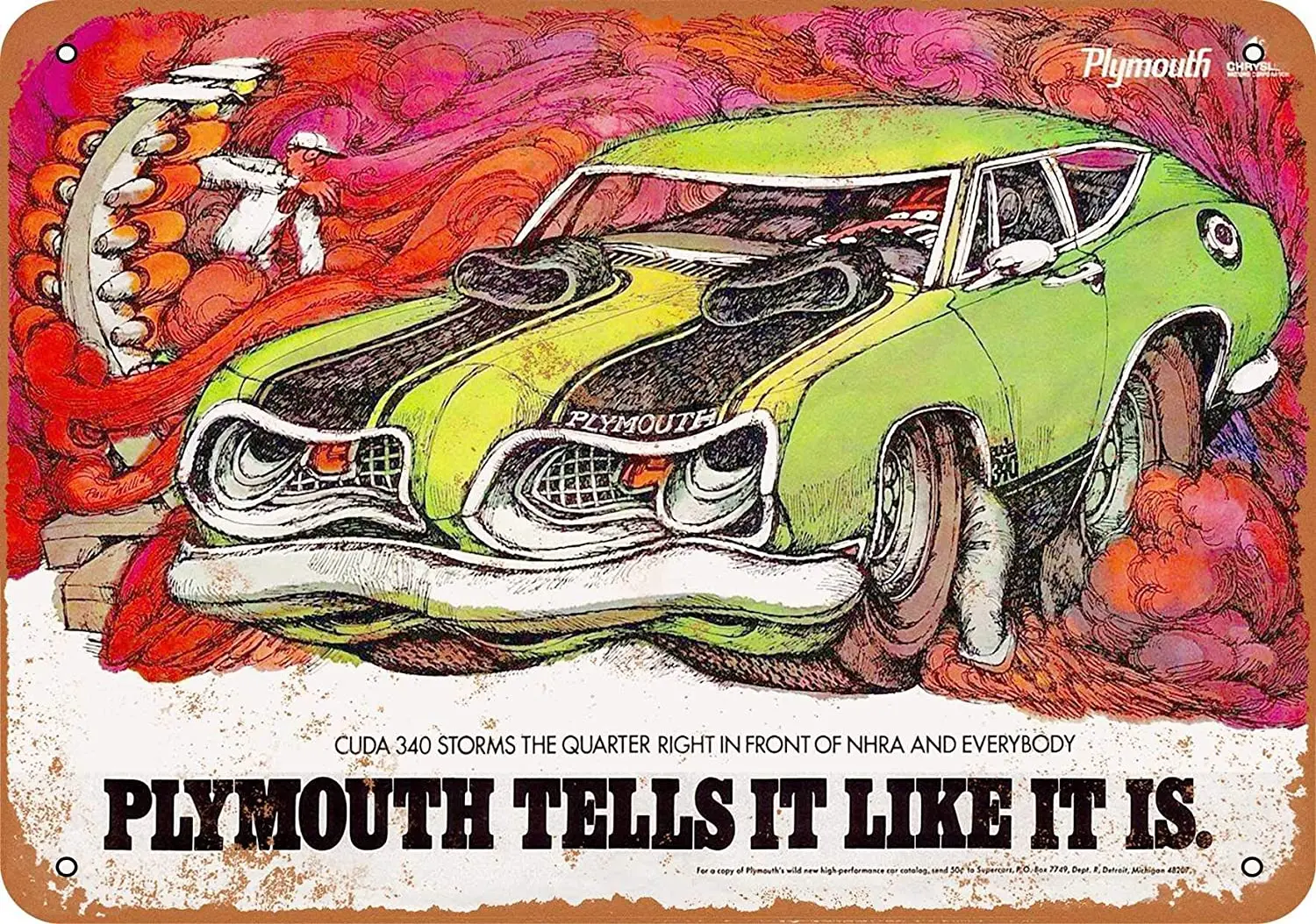 1969 Плимут Cuda 340 мультяшный металлический жестяной знак 12X8 дюймов винтажный