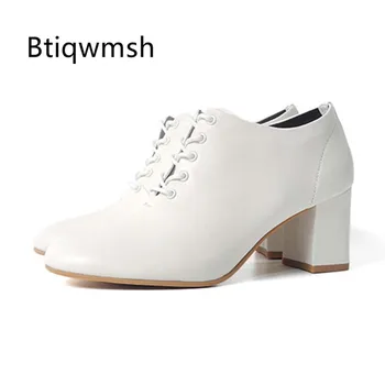 

2019 White Real Leather Ankle Boots Round Toe Lace Up High Heel Shoes Woman Fashion Martin Boots