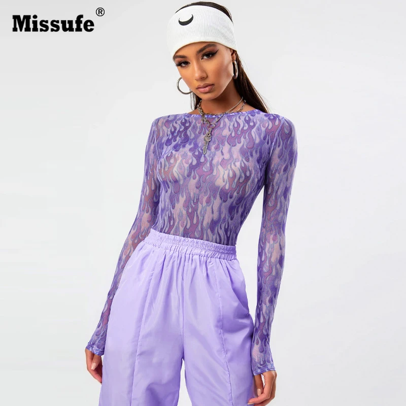 

Missufe Sexy Women Flame Printed See Through Transparent Mesh Crop Tops Purple Long Sleeve Sheer Slim Ladies Round Neck T-Shirt