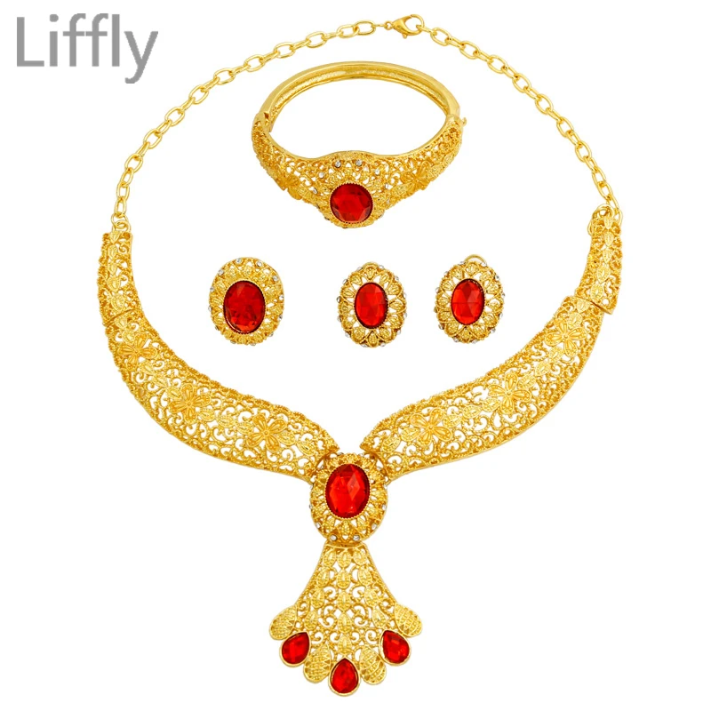 

European Luxury Fashion Wedding Jewelry Sets 24 Gold Necklace Ring Earrings Charm Bride AAA Crystal Bangle Gifts Accessory