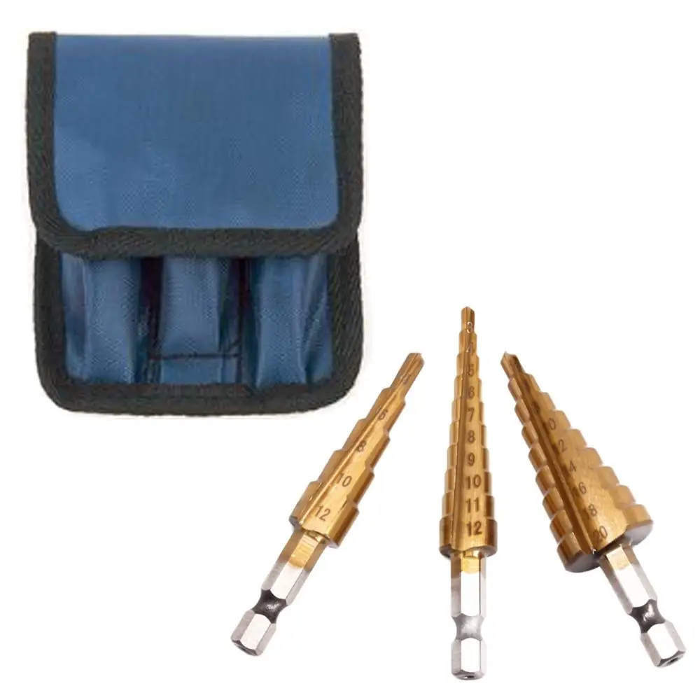 3pcs HSS Steel Titanium Step Drill Bits 3-12mm 4-12mm 4-20mm Step Cone Cutting Tools Steel Woodwork