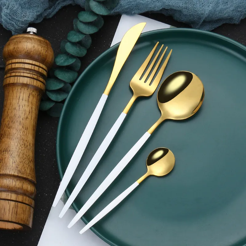 Mirror Black Gold Stainless Steel Cutlery Set Christmas Tableware Dinnerware Set Coffee Ice Dessert Tea Spoons With Long Handle