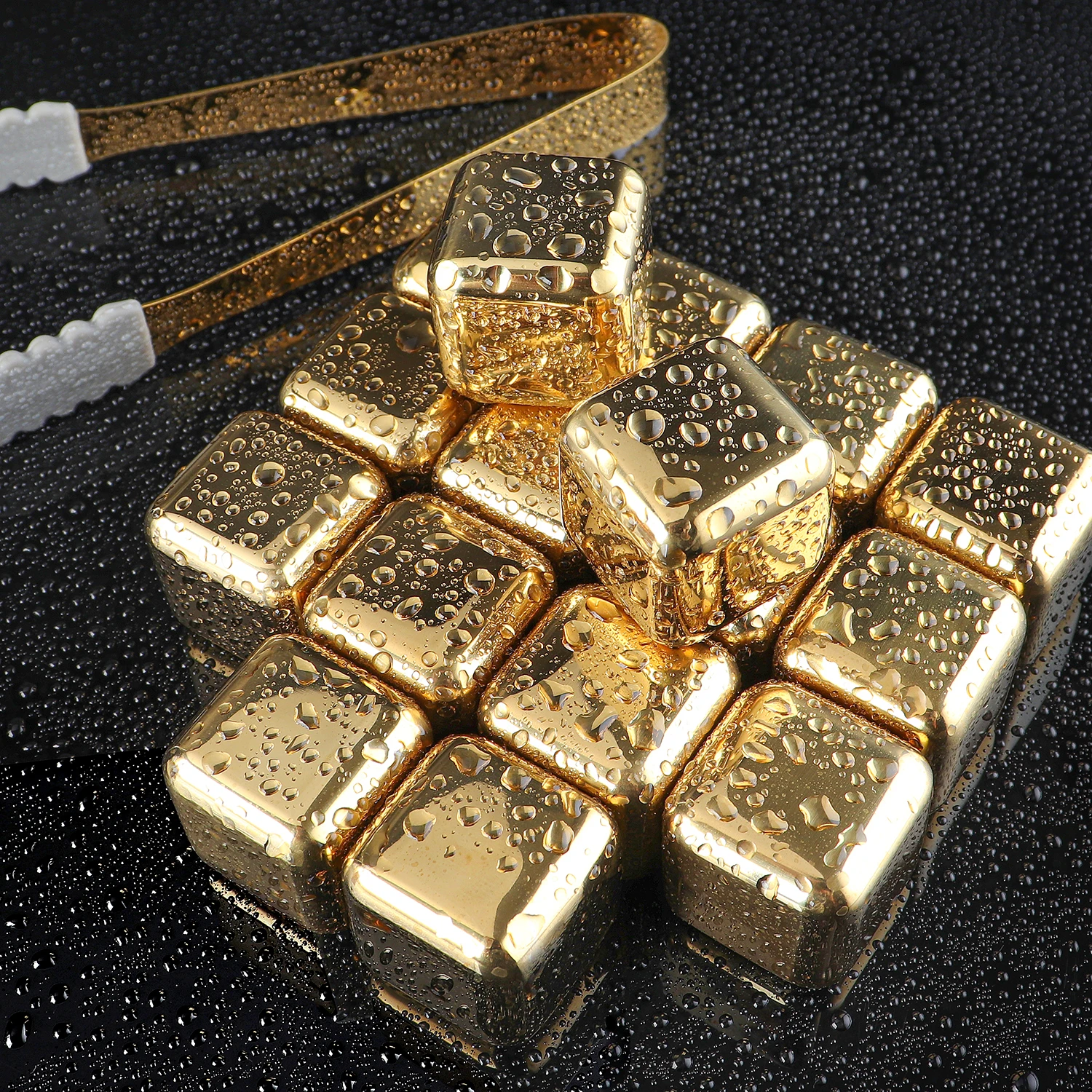 Golden Reusable 304 Stainless Steel Whisky Stones With Tongs Food Grade Quick Frozen Chilling Ice Cube Cooler For Wines & Drinks