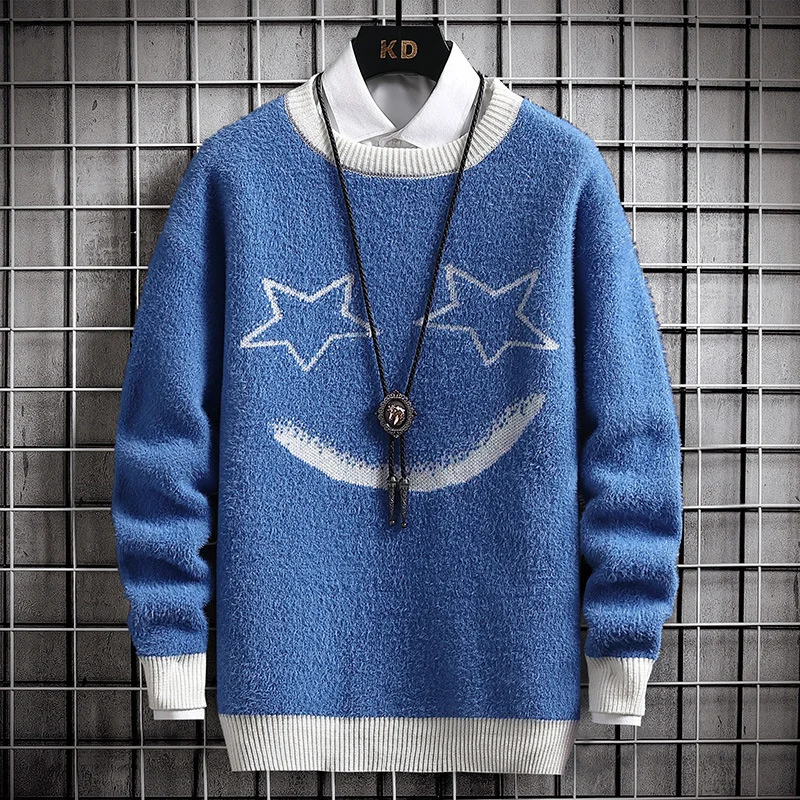 #5804 Khaki Blue Grey Mohair Sweater Pullovers Men Warm Mink Velvet Knit Sweater O Neck Slim Basic Men's Sweaters Slim Winter