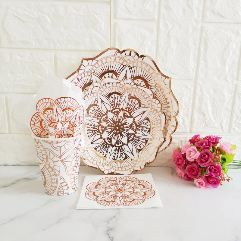 

High Quality Rose Disposable Tableware Set Paper Cup Straw Cake Plate for Birthday Wedding Holiday Party Supplies