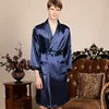 Large Size 3XL 4XL 5XL Robe Men Summer Single Nightgown Navy Blue Satin Bathrobe Kimono Gown Long Sleeve Home Dressing Gown ► Photo 2/5
