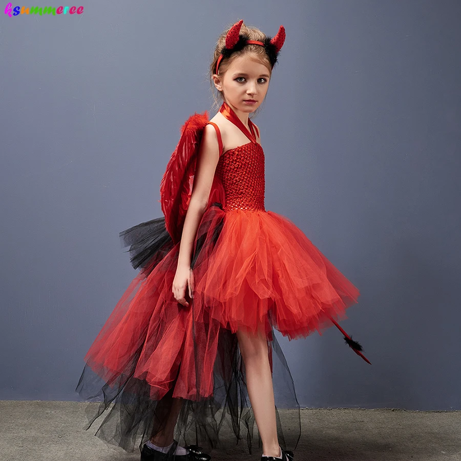 Girls Devil Witch Tutu Fancy Dress with Horns Wing Wand Red Black