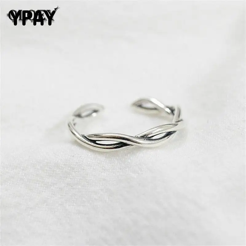 

YPAY Authentic 925 Sterling Silver Open Rings for Women Two Twist Rope Adjustable Finger Rings Retro Fine Jewelry Gift YMR244