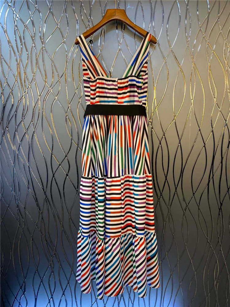 rainbow striped KoHuiJoo, геометрическое платье для женщин, ампир, галстук-бабочка, v-образный вырез, без рукавов, в полоску, танки, платье, сексуальное, макси, длинное, пляжные платья для женщин - Цвет: rainbow striped