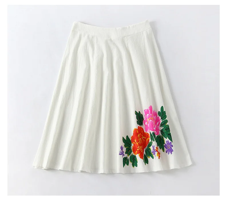

2018 Spring And Summer New Style Ethnic-Style Cotton Linen Printed Mid-length Loose Elastic Waist Big Hemline Skirt