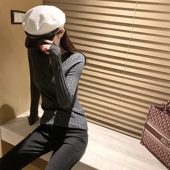 

2020 New Spring Women Sweater Casual Fashion Long Sleeve V-Neck Thin Pullovers Knitted Elegant Brand Streetwear White Grey