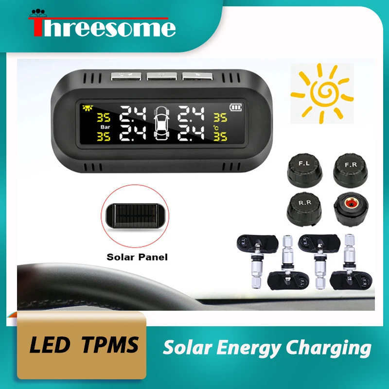 

TPMS Tire Pressure Monitoring System Temperature Safety Alarm Solar Energy Charging LED Color Display Internal/External Sensors
