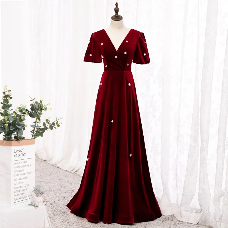 

Evening Dress V-Neck Short Sleeves Appliques Pleat A-Line Empire Floor-Length Burgundy Lace Up Party Formal Dresses Woman B1199