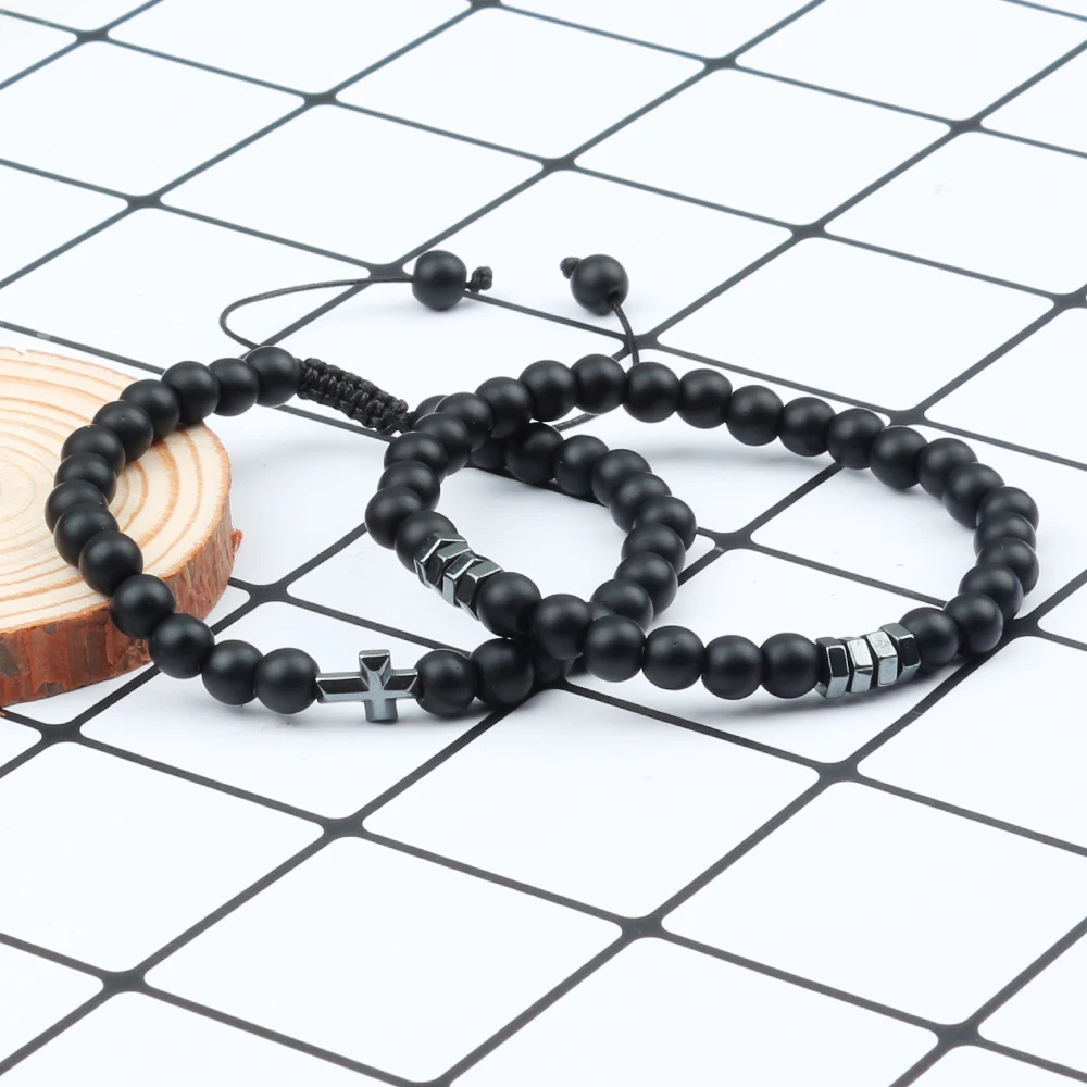 2pcs/set Obsidian Stone Bracelet Men Black Lava Hematite Cross Beads Bangle Women Charm Natural Stone Paryer Jewelry Pulseras - Image 4