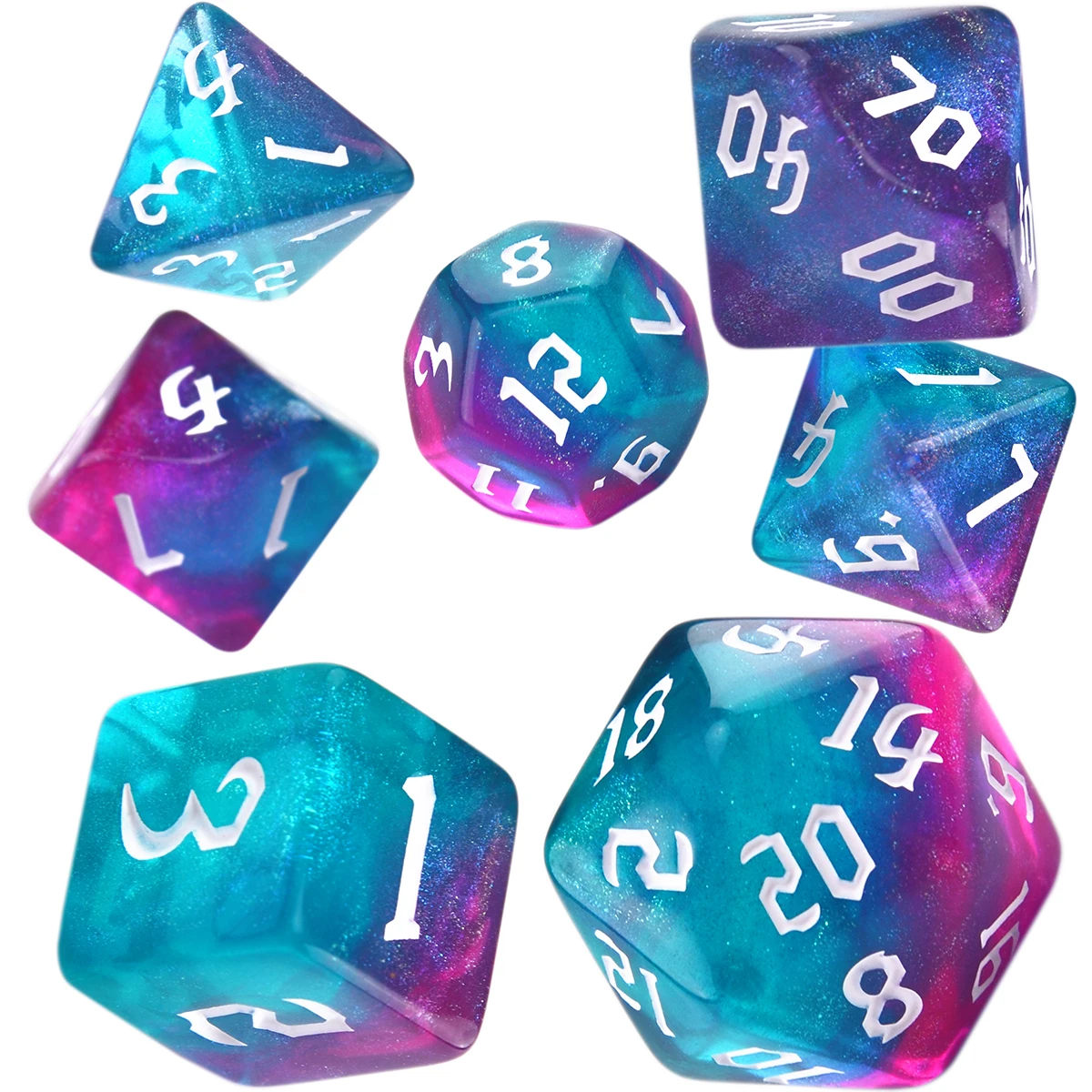 

Iridescent Glitter Polyhedral 7-Die Two-tone Dice Set D4 D6 D8 D10 D% D12 D20 for DND Enthusiast RPG Adventurer