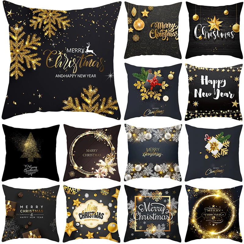 

Black Gold Merry Christmas Home Decorative Pillowcase Snowflake Christmas Tree Cushion Cover For Car Bed Sofa Throw Pillowcases