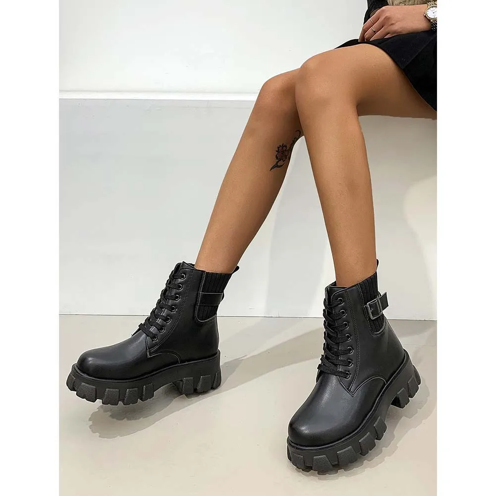 New Arrival Female Solid Platform Lace Up Ankle Shoes Women Boots Fashion  Cool Chunky Heel Design Boots