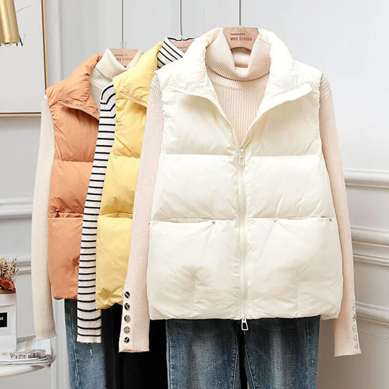

New 2021 Autumn Down Vest Women Stand Collar Warm Loose Waistcoat Short Windproof Gilet Female White Duck Down Coat Sleeveless