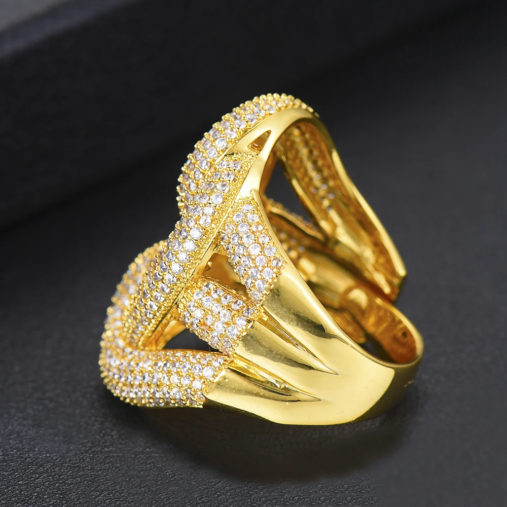 LARRAURI New Luxury Cubic Zircon African Bride Dubai Finger Ring Braided Chic Rings for Women Wedding Jewelry Accessories