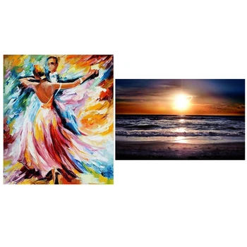 

Best 2 set 5D Diamond Painting Cross Stitch Diamond Embroidery Patterns - 1 set Dancing men and women & 1 set Beach sunset