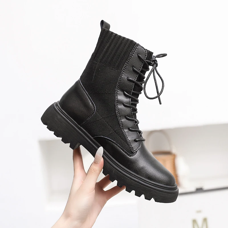 

2019 Fashion Spring Autumn Stretch Boots Women Black Ankle Sock Boots Chunky High Heels Round Toe Women Shoes Lace Up Sock Boots