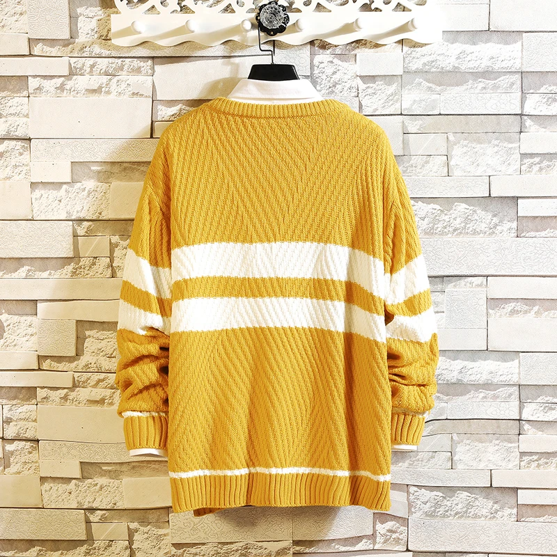 Winter Sweater Men Warm Fashion Contrast Color Casual Knit Sweater Clothes Man Streetwear Loose Long-sleeved Pullover Men M-4XL