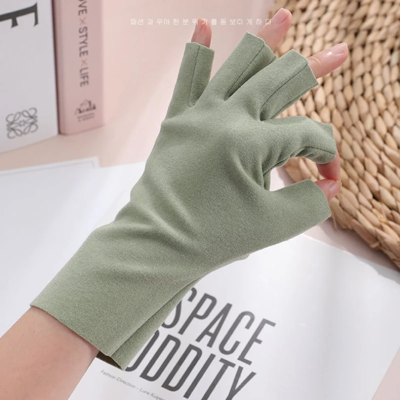 Autumn And Winter Women Half Finger Keep Warm Keyboard Work Writing Convenient Gloves Thin Soft Solid Simple Velvet Mittens