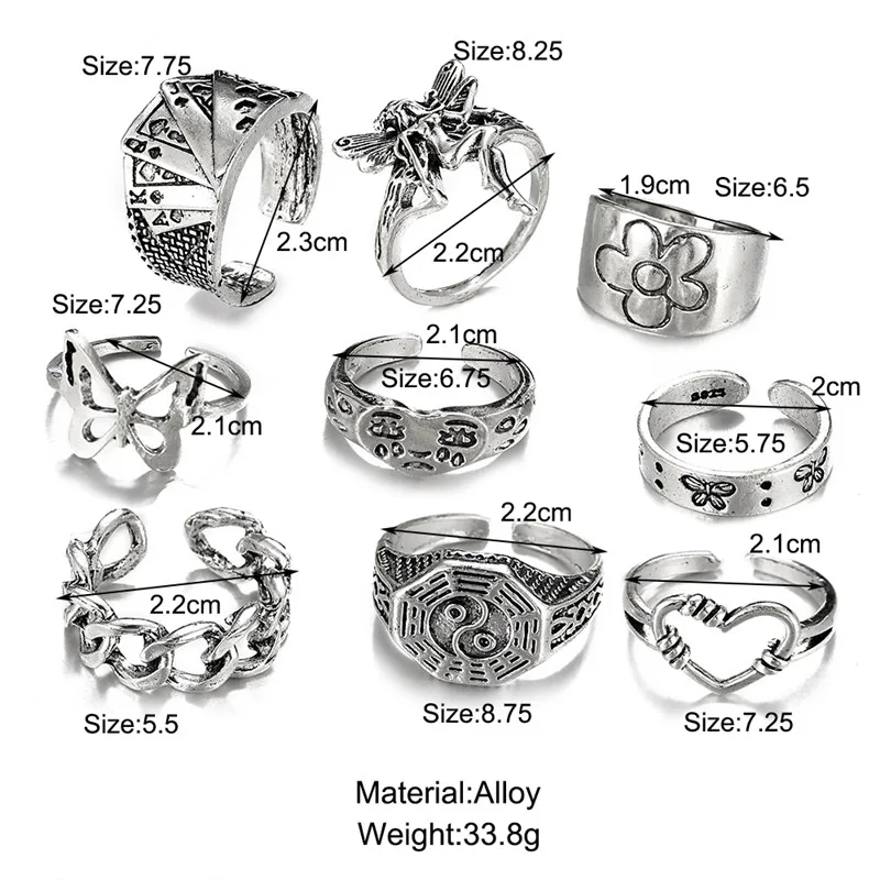 Punk Gothic Heart Ring Set for Women Black Dice Vintage Spades Ace Silver Plated Retro Rhinestone Charm Billiards Finger Jewelry